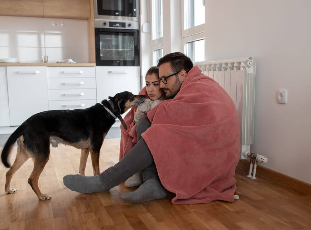 couple and dog huddle together by a heater in their home